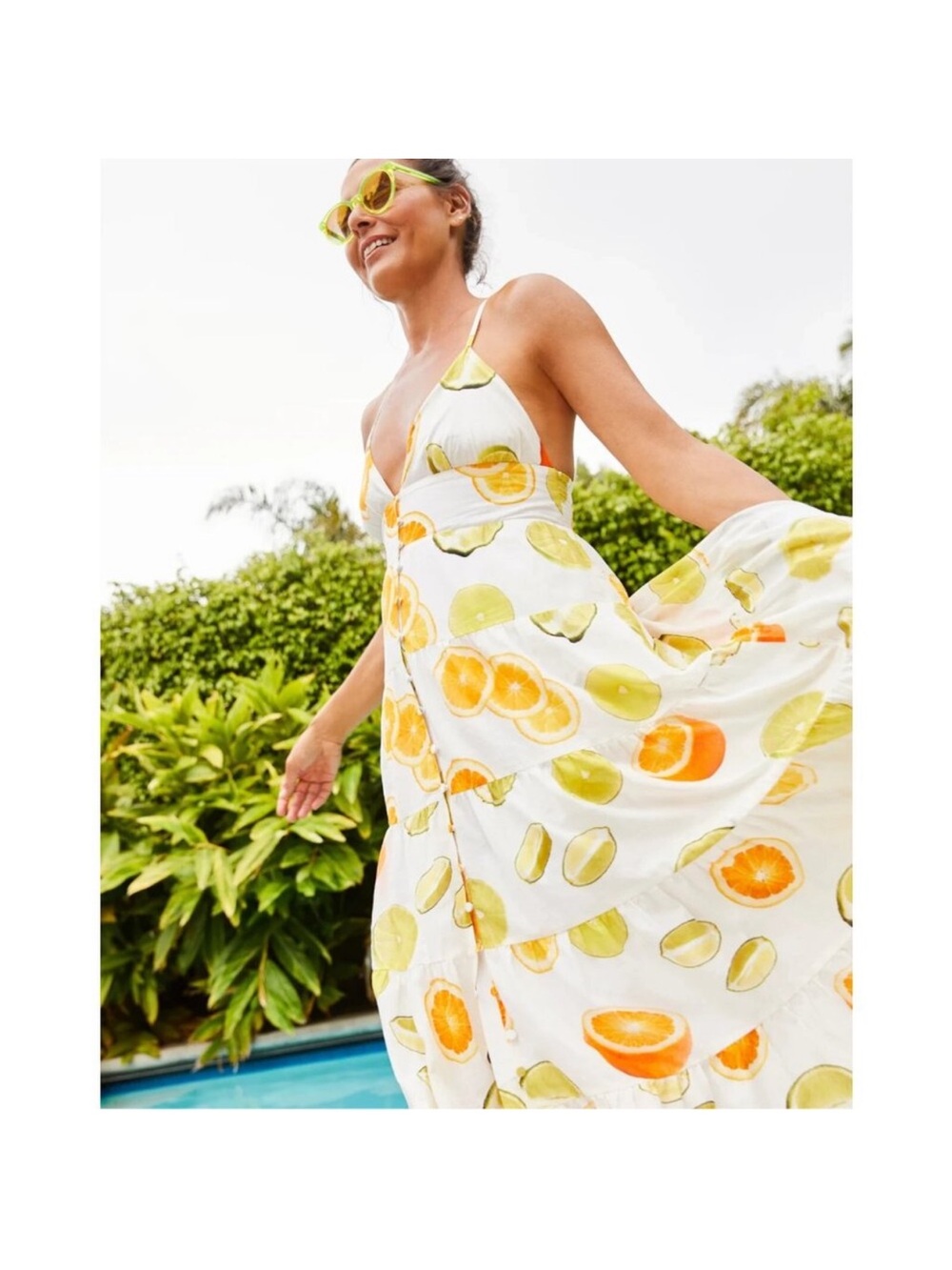 Edie Parker x J Crew Button Front Tiered Maxi Dress Limes and Oranges